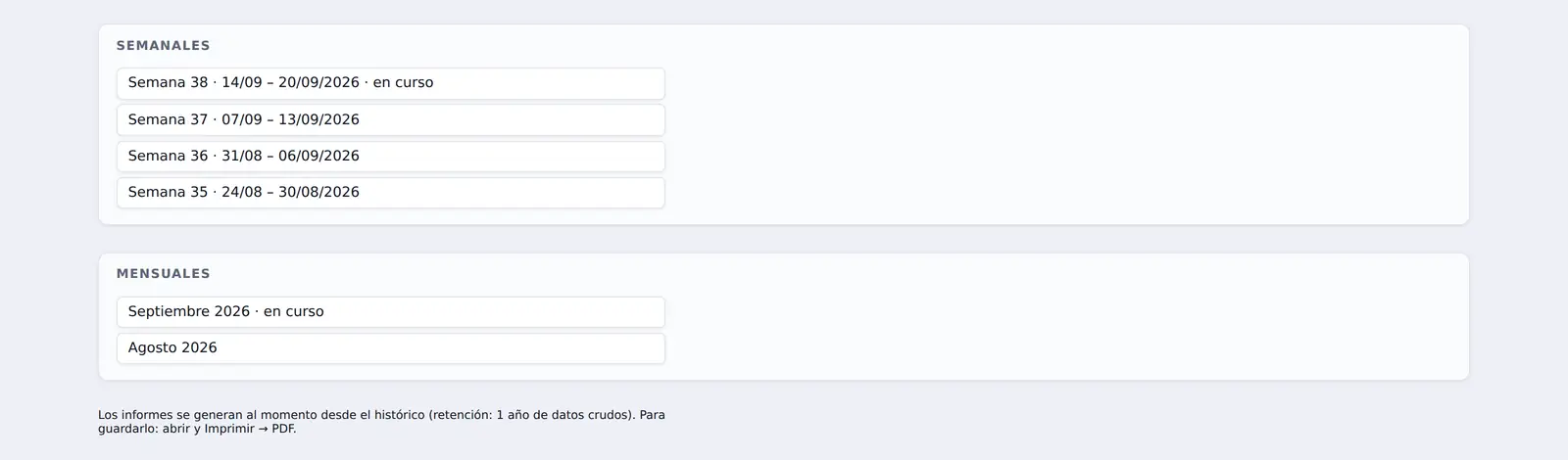 Índice de informes del portal: informes semanales y mensuales generados automáticamente, con su semáforo.